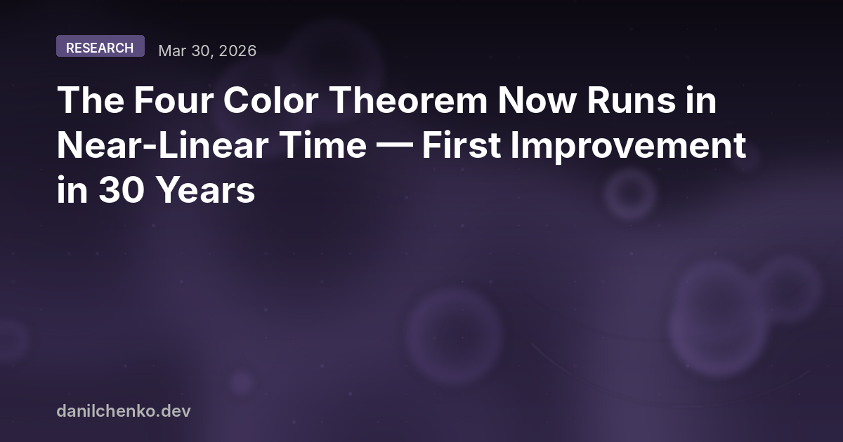 The Four Color Theorem Now Runs in Near-Linear Time — First Improvement in 30 Years